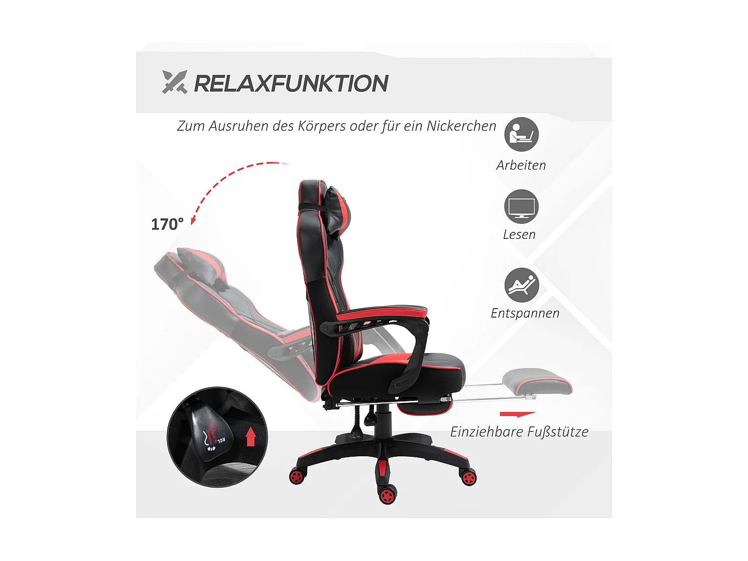 Chaise de bureau gaming avec fonction massage, cuir synthétique, noir et bleu (65x70x118.5-128.5 cm)