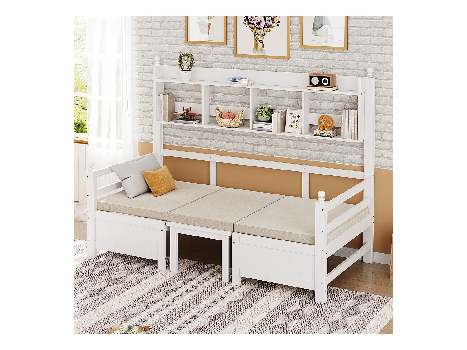 Canapé-lit multifonction en bois massif, avec bureau, étagère et coussins confortables, blanc, (205x95x150.6 cm)