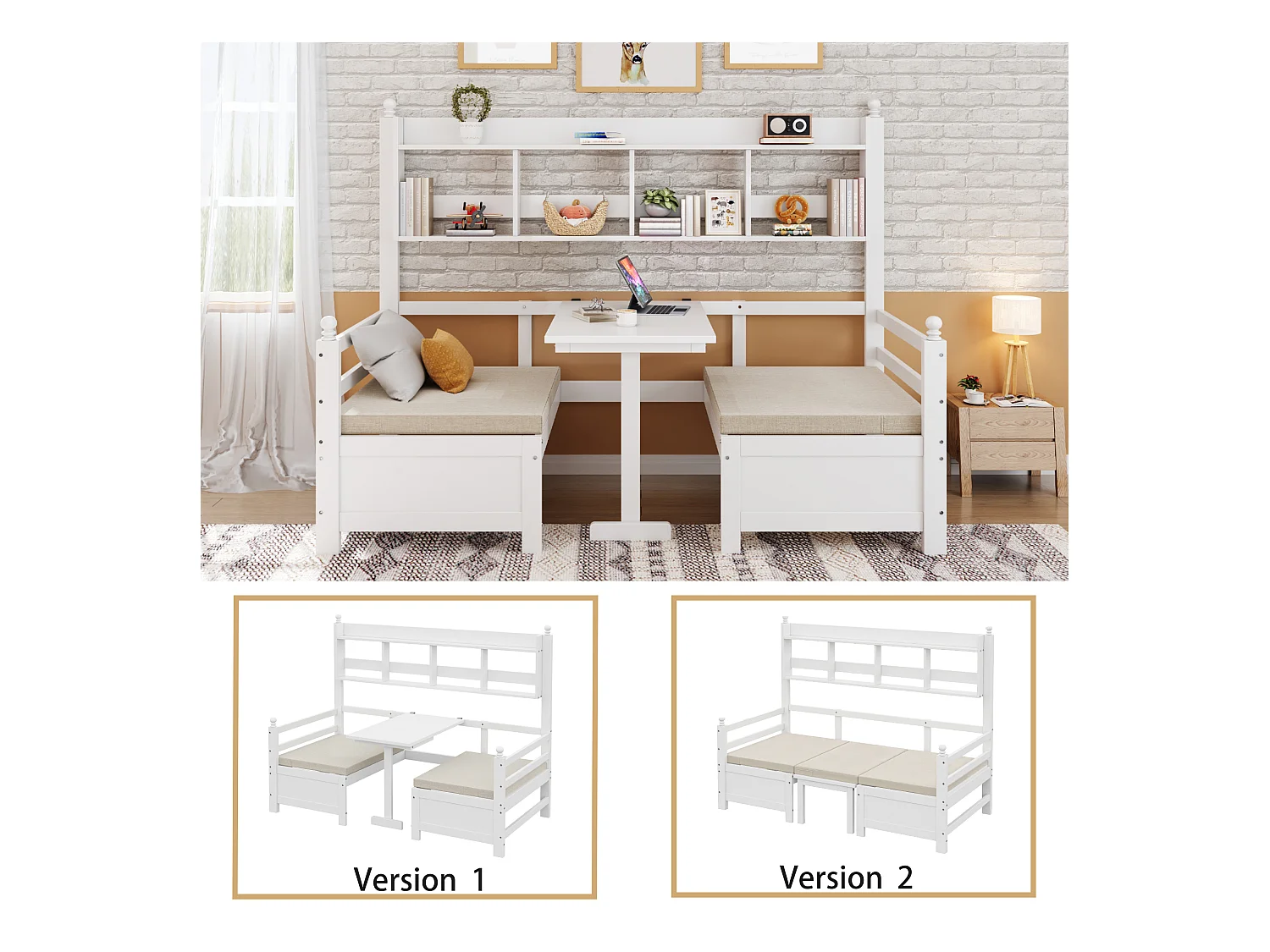 Canapé-lit multifonction en bois massif, avec bureau, étagère et coussins confortables, blanc, (205x95x150.6 cm)