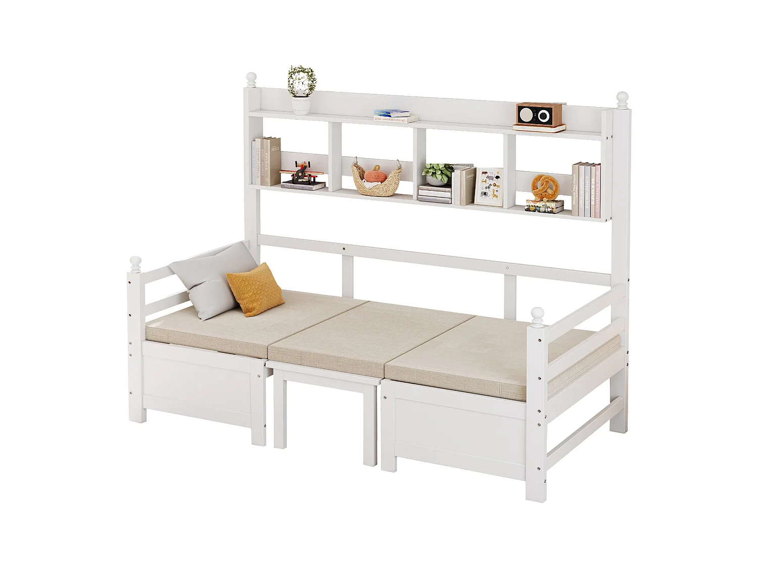 Canapé-lit multifonction en bois massif, avec bureau, étagère et coussins confortables, blanc, (205x95x150.6 cm)