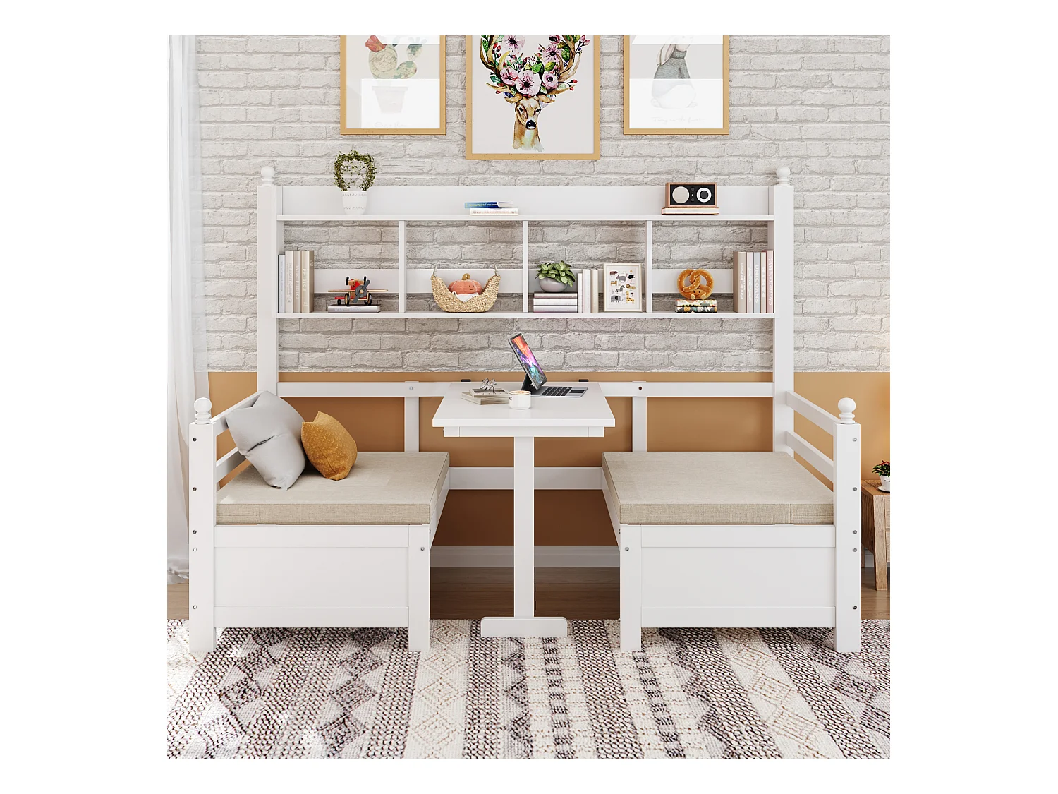 Multifunctionele slaapbank van massief hout met bureau, plank en comfortabele kussens, wit, (205x95x150,6 cm)