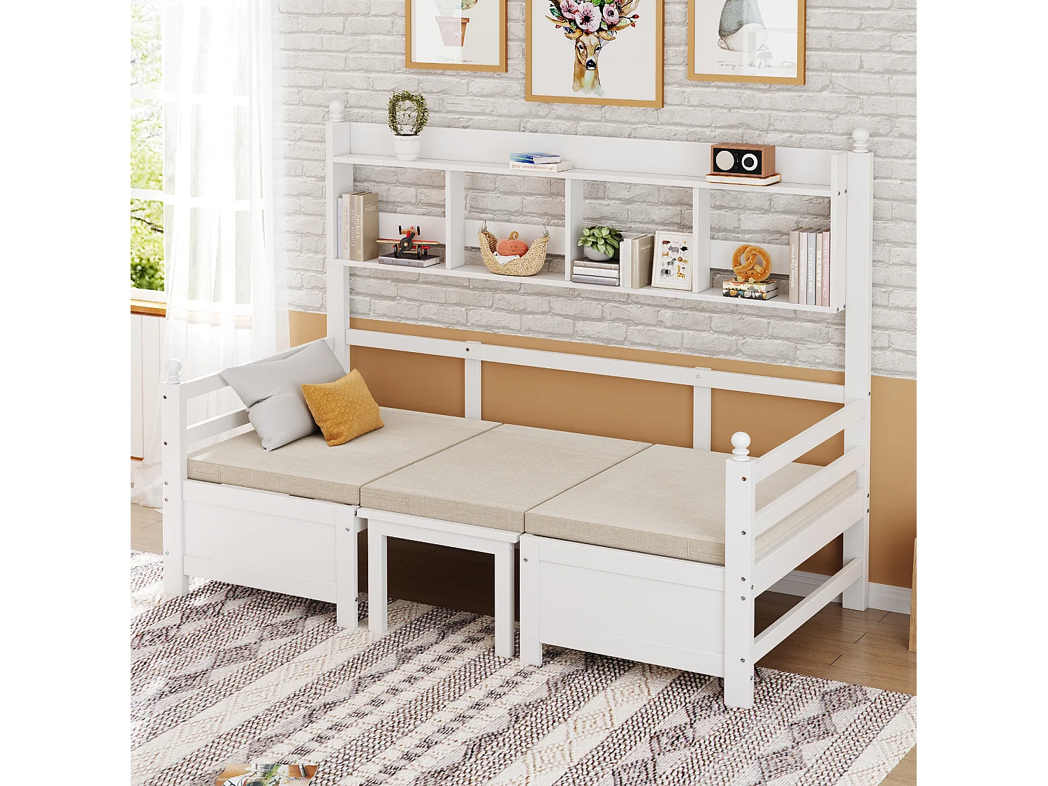 Canapé-lit multifonction en bois massif, avec bureau, étagère et coussins confortables, blanc, (205x95x150.6 cm)