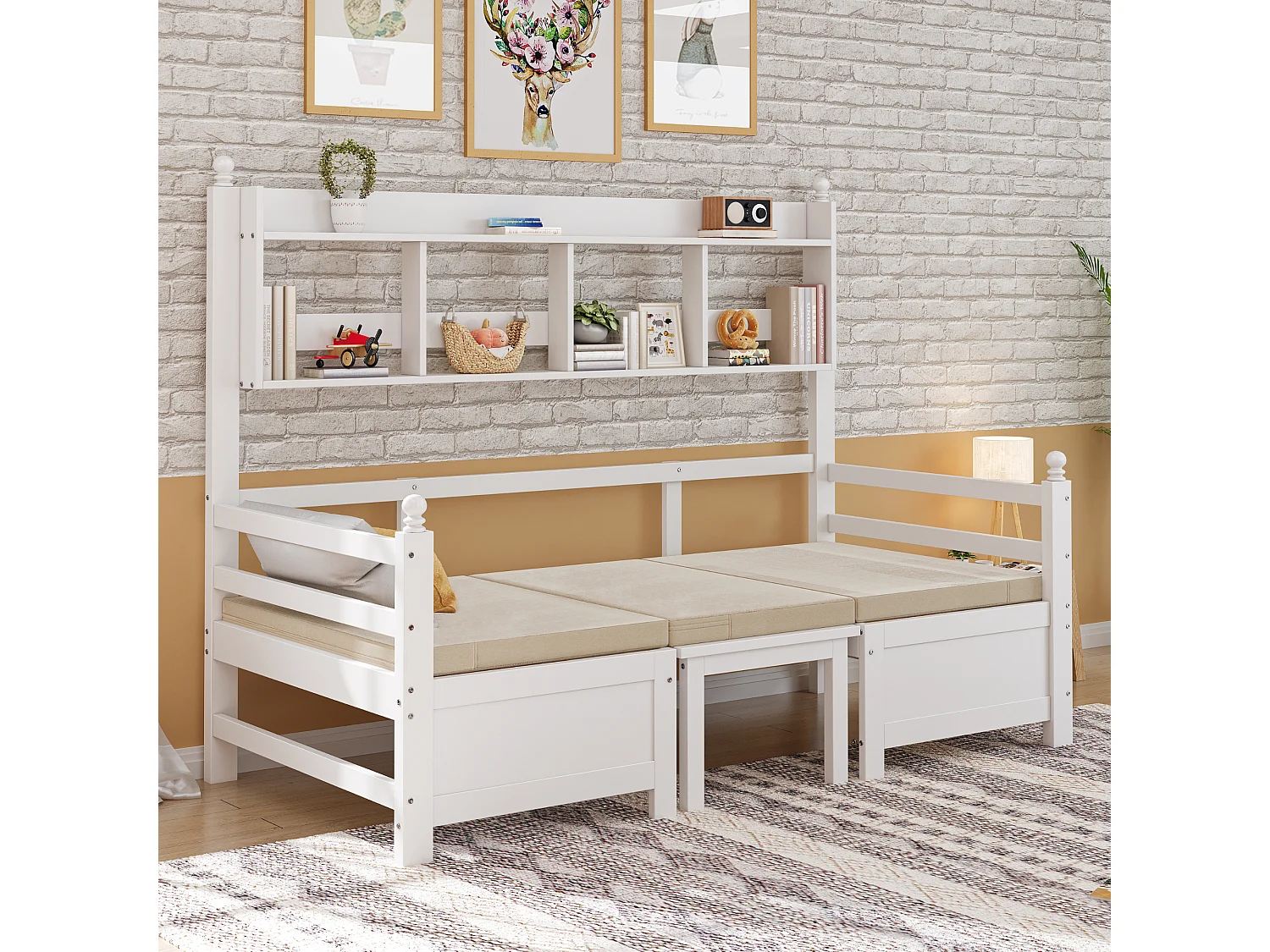 Canapé-lit multifonction en bois massif, avec bureau, étagère et coussins confortables, blanc, (205x95x150.6 cm)