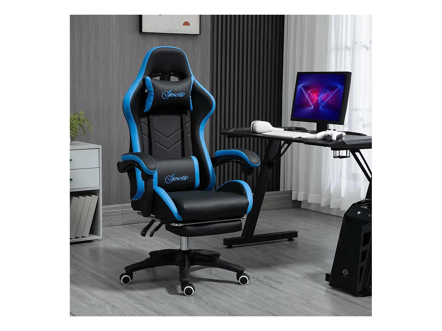 Fauteuil gaming réglable avec coussins lombaire et appui-tête, accoudoirs ajustables, mousse, bleu et noir (65x65x121-129cm)