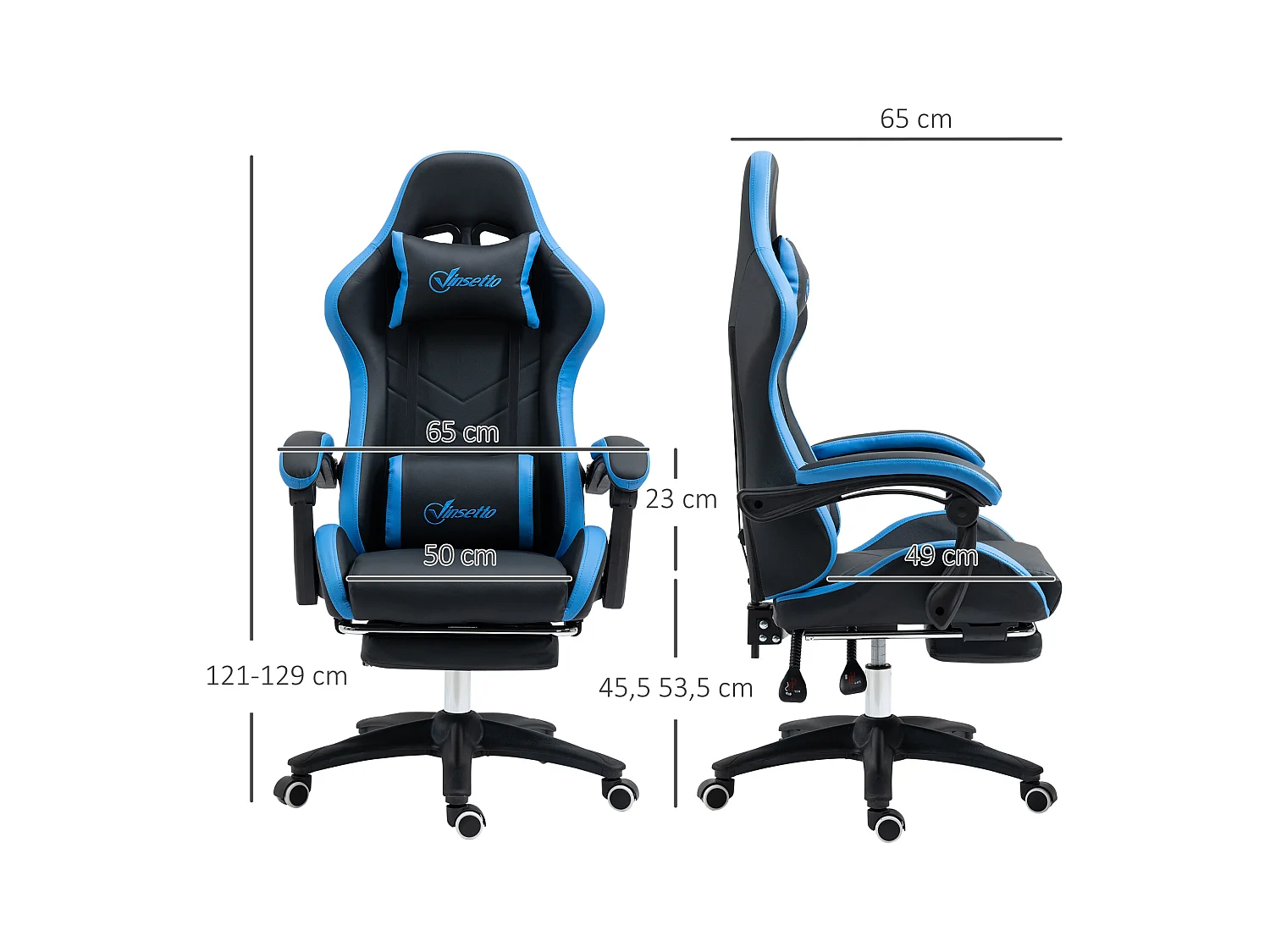 Fauteuil gaming réglable avec coussins lombaire et appui-tête, accoudoirs ajustables, mousse, bleu et noir (65x65x121-129cm)