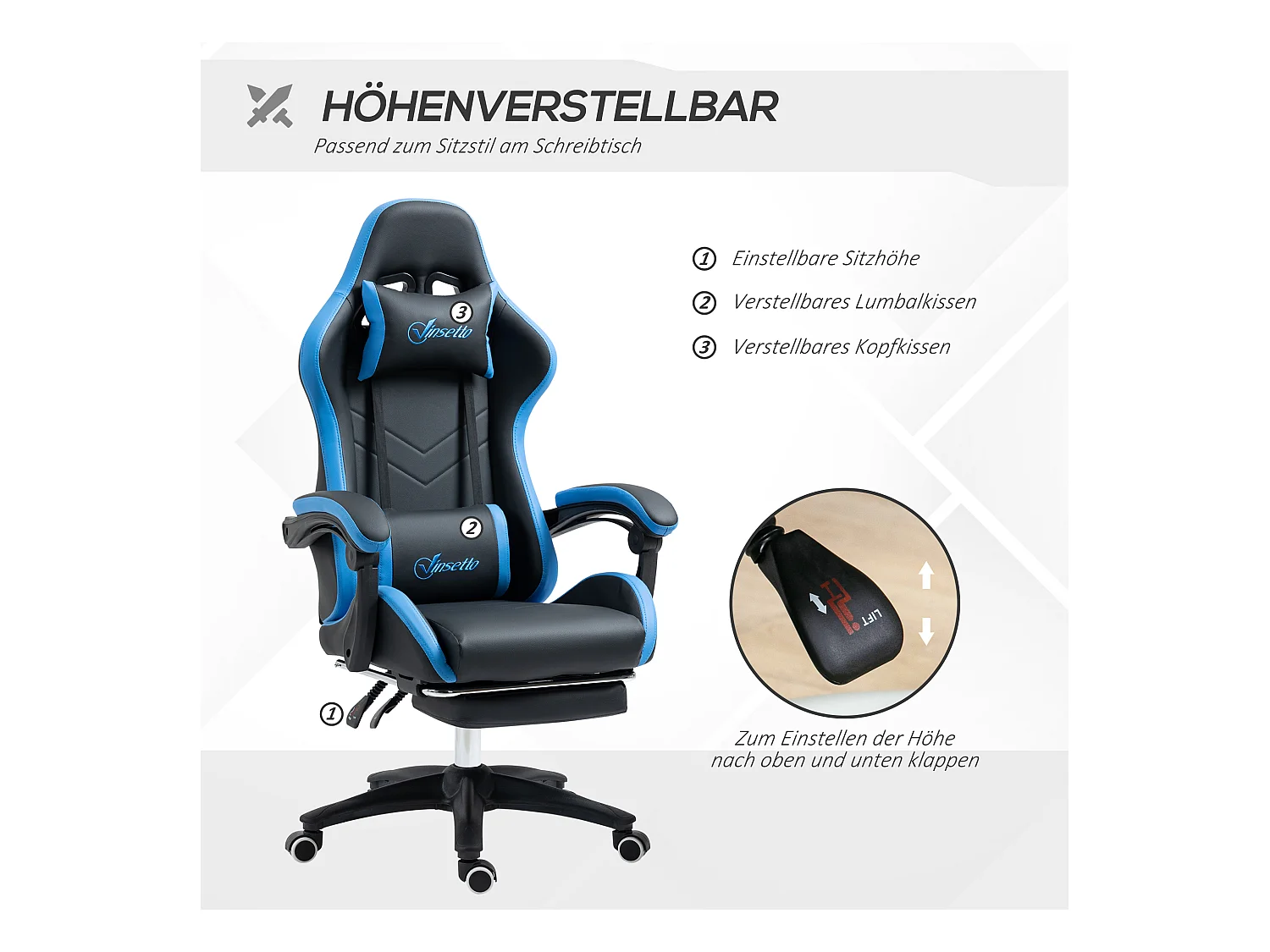 Fauteuil gaming réglable avec coussins lombaire et appui-tête, accoudoirs ajustables, mousse, bleu et noir (65x65x121-129cm)