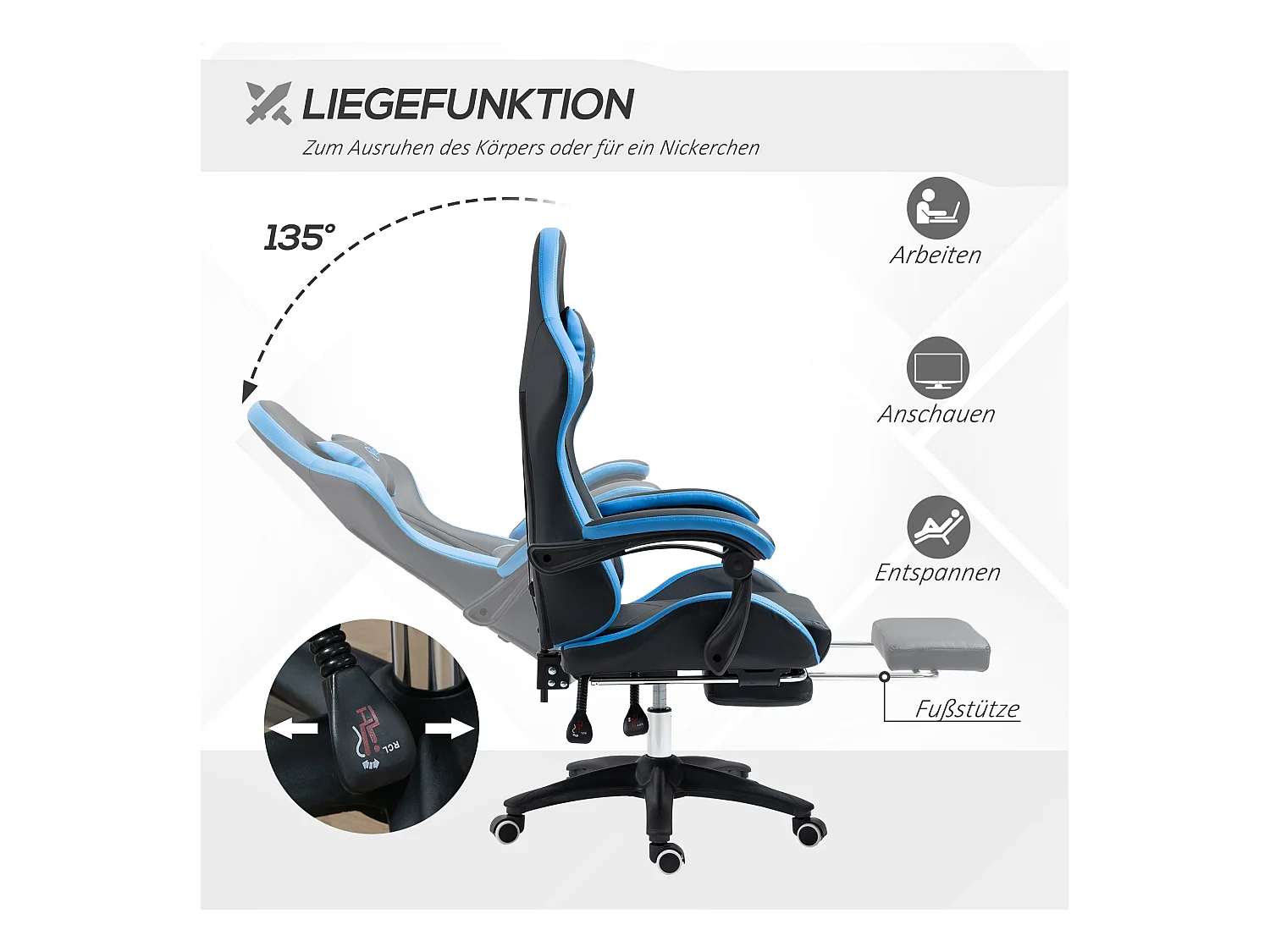 Fauteuil gaming réglable avec coussins lombaire et appui-tête, accoudoirs ajustables, mousse, bleu et noir (65x65x121-129cm)