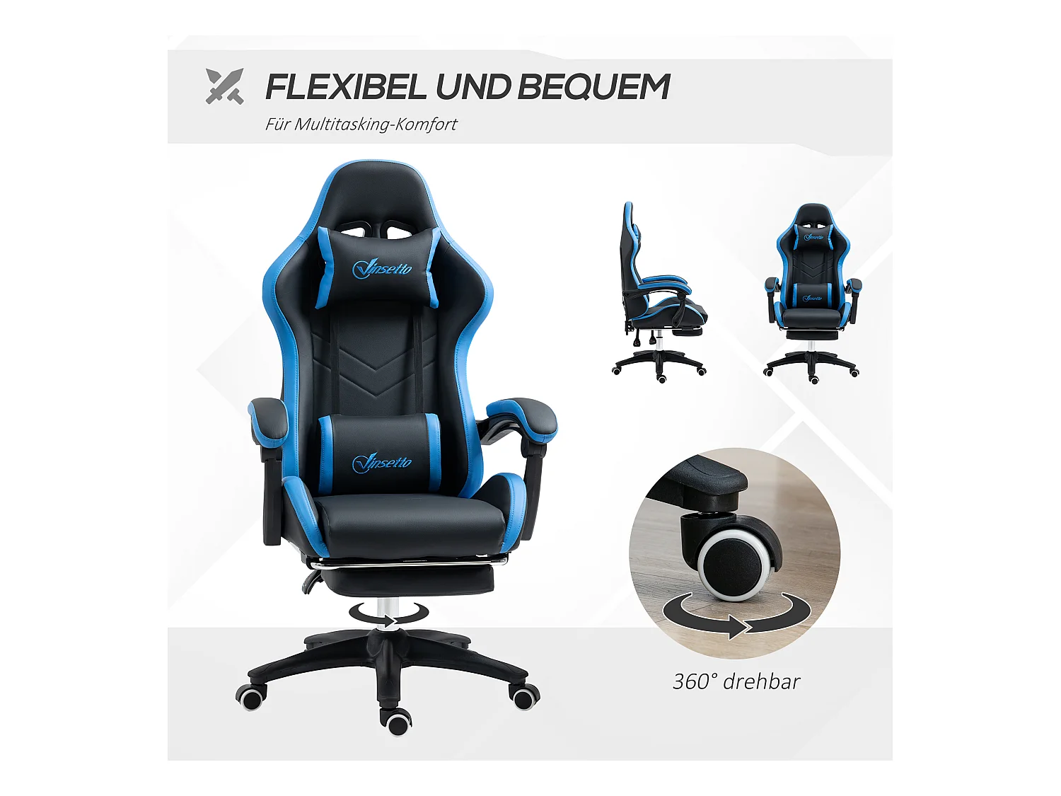Fauteuil gaming réglable avec coussins lombaire et appui-tête, accoudoirs ajustables, mousse, bleu et noir (65x65x121-129cm)