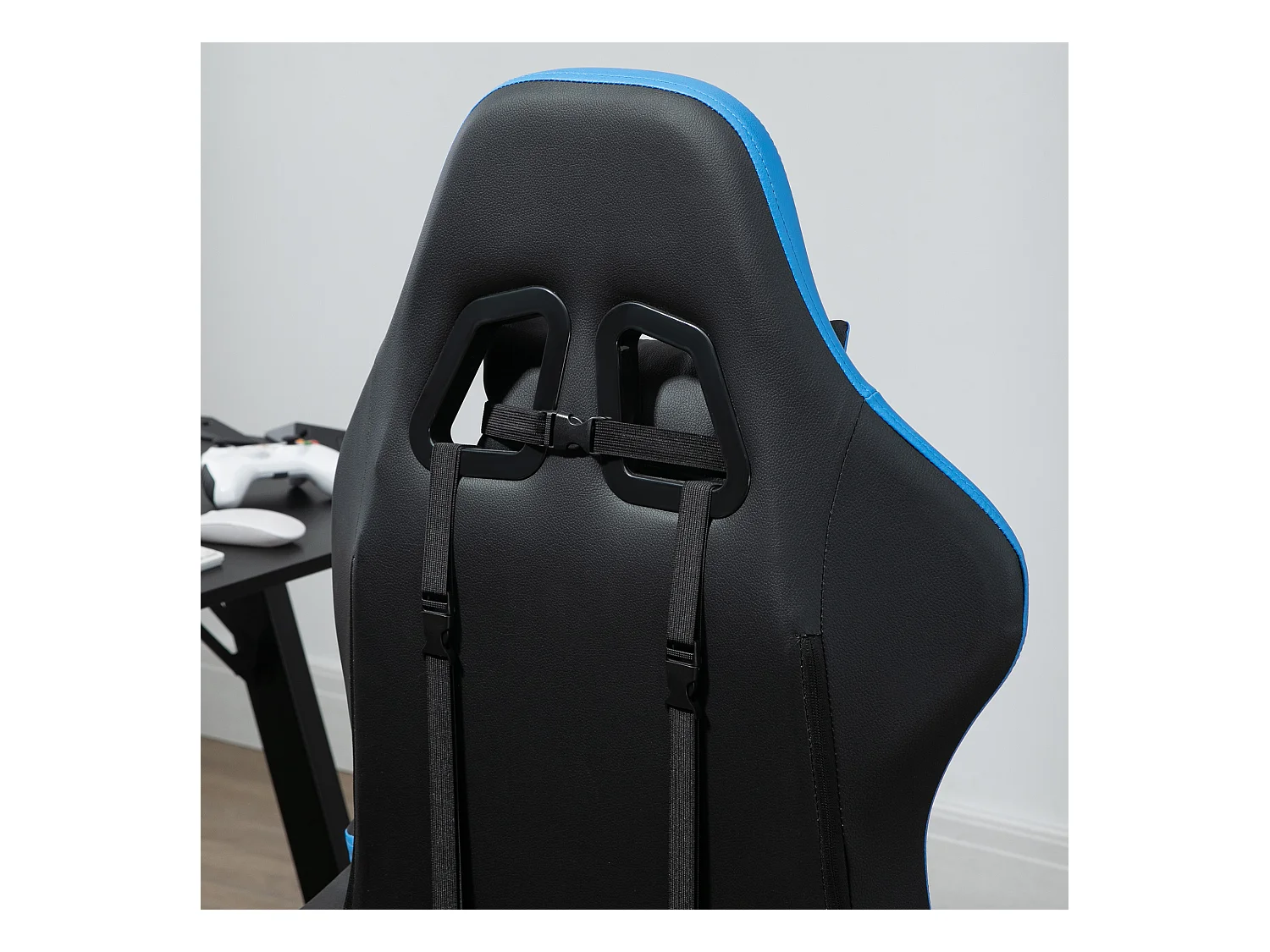 Fauteuil gaming réglable avec coussins lombaire et appui-tête, accoudoirs ajustables, mousse, bleu et noir (65x65x121-129cm)
