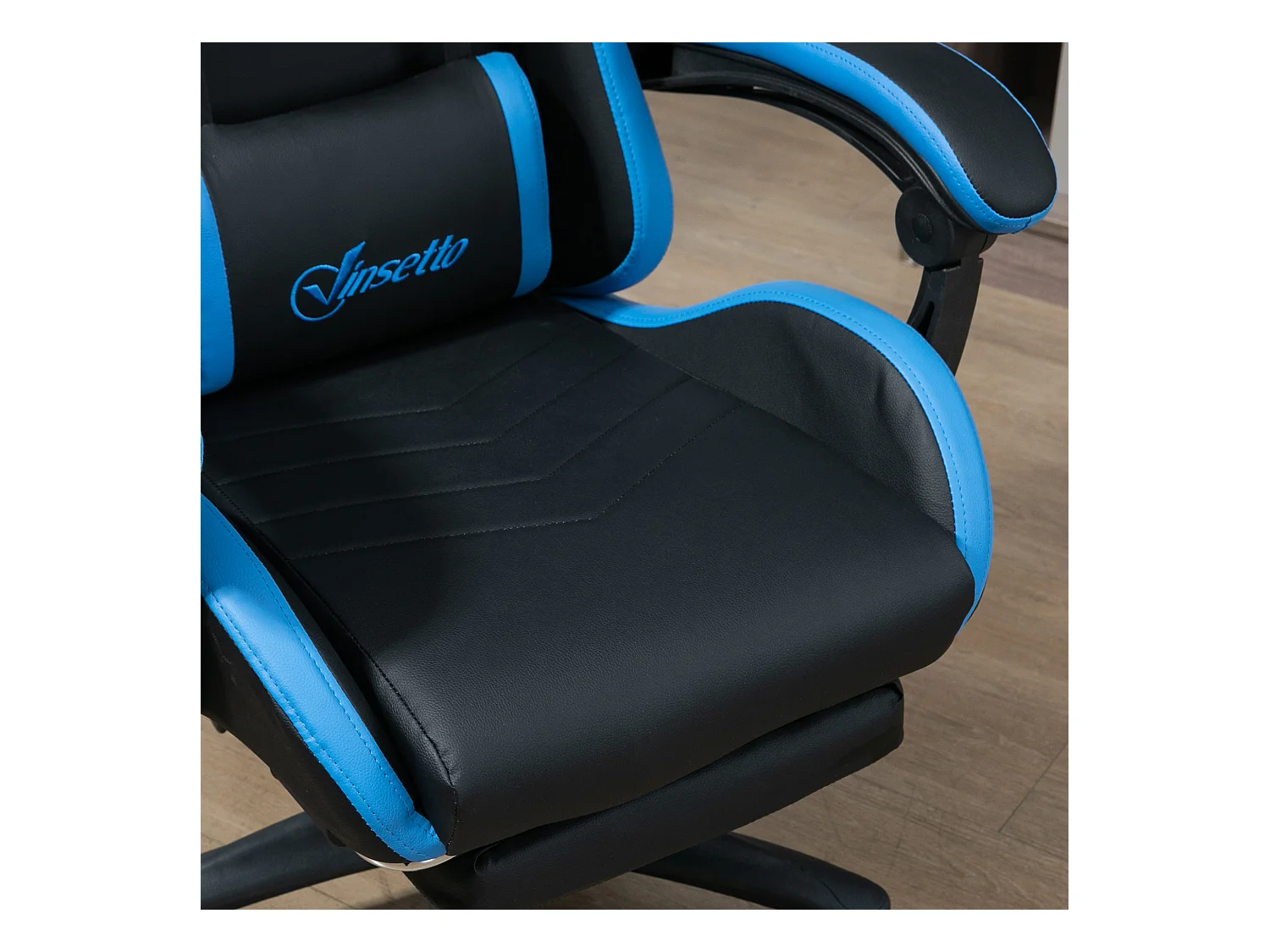 Fauteuil gaming réglable avec coussins lombaire et appui-tête, accoudoirs ajustables, mousse, bleu et noir (65x65x121-129cm)