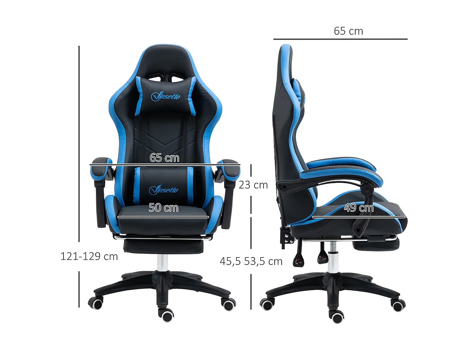 Fauteuil gaming réglable avec coussins lombaire et appui-tête, accoudoirs ajustables, mousse, bleu et noir (65x65x121-129cm)