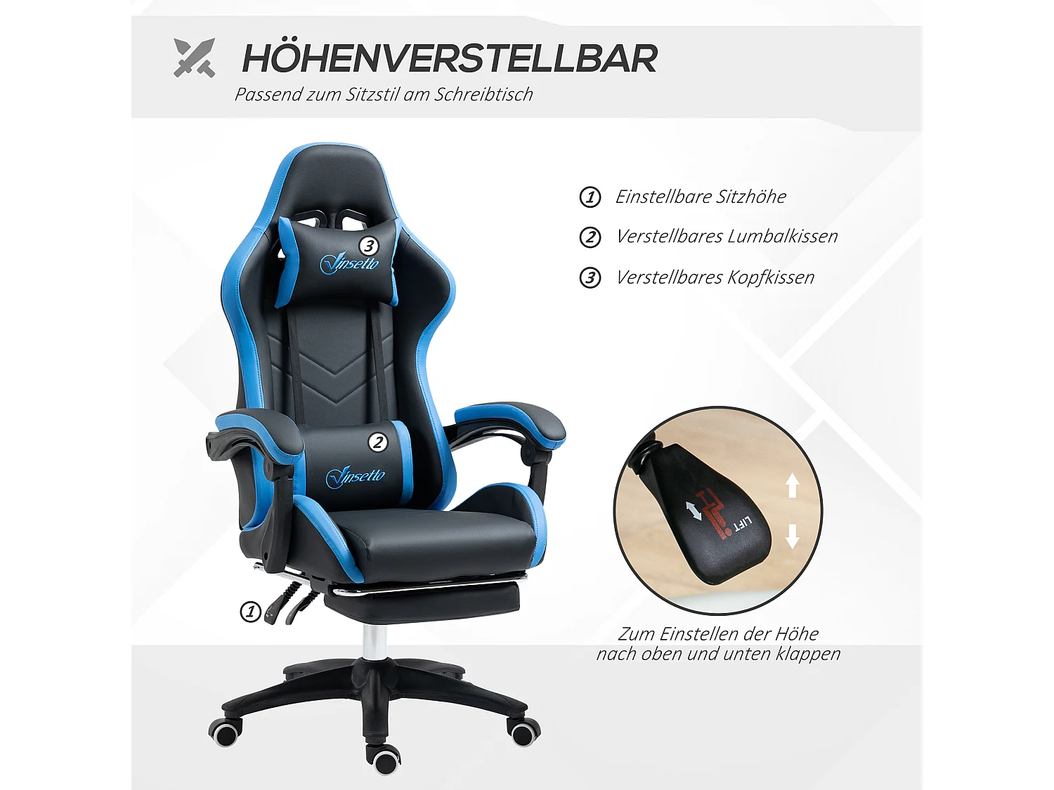 Fauteuil gaming réglable avec coussins lombaire et appui-tête, accoudoirs ajustables, mousse, bleu et noir (65x65x121-129cm)