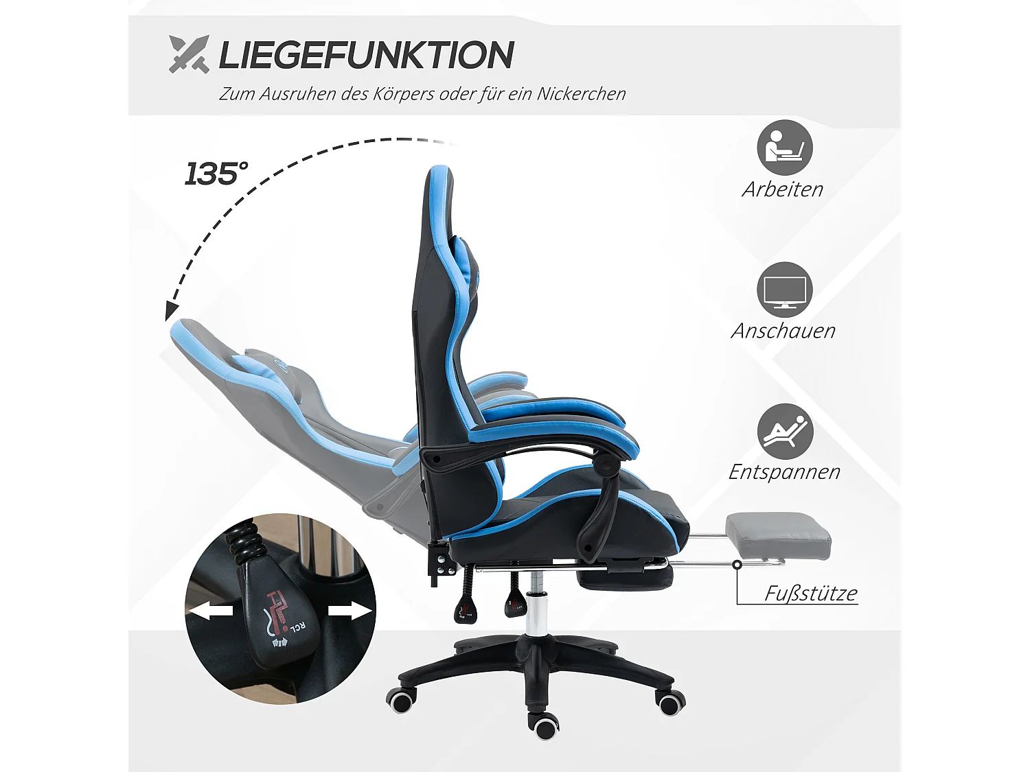 Fauteuil gaming réglable avec coussins lombaire et appui-tête, accoudoirs ajustables, mousse, bleu et noir (65x65x121-129cm)