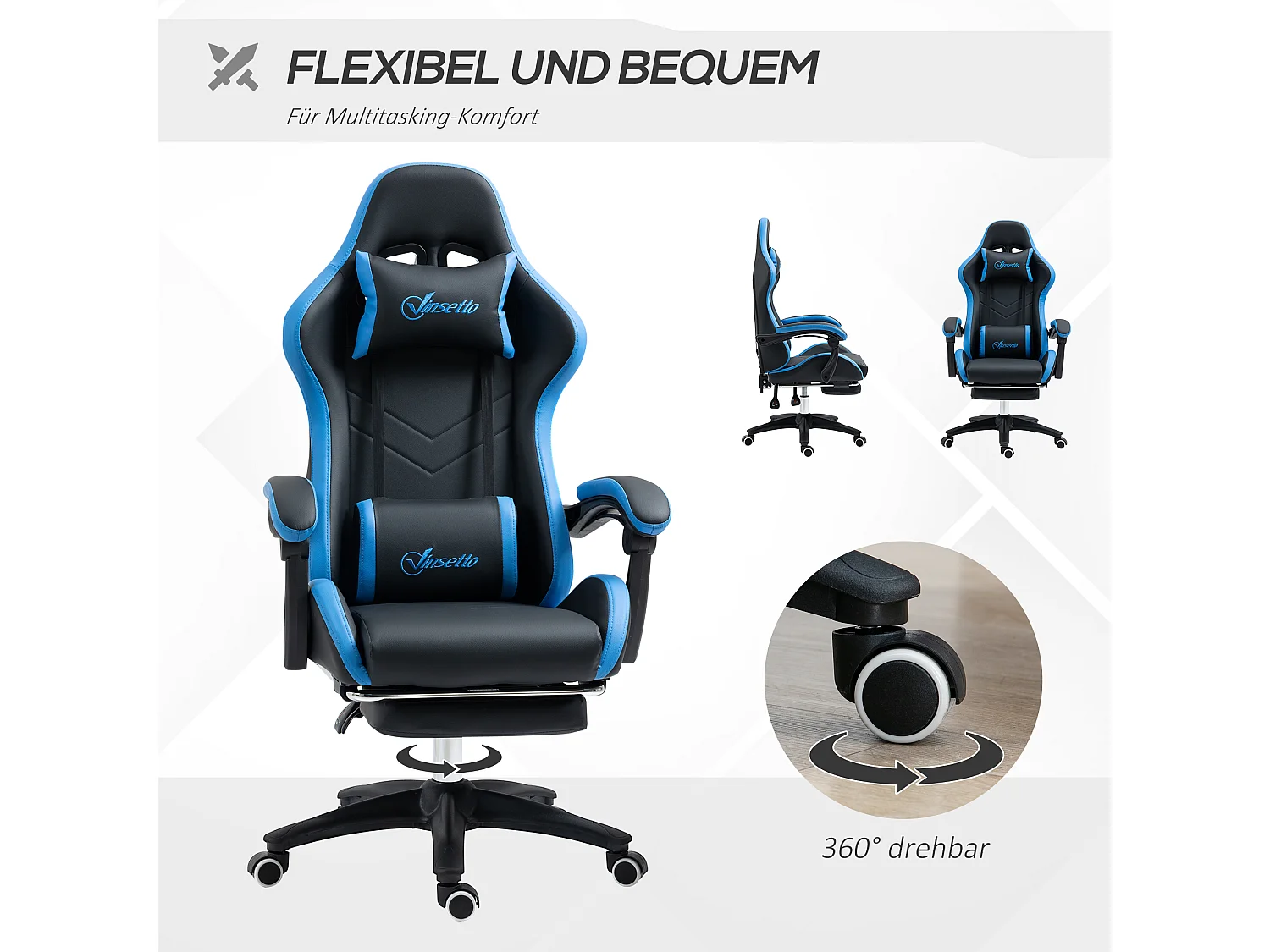 Fauteuil gaming réglable avec coussins lombaire et appui-tête, accoudoirs ajustables, mousse, bleu et noir (65x65x121-129cm)