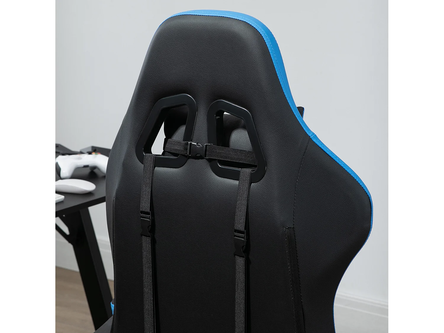 Fauteuil gaming réglable avec coussins lombaire et appui-tête, accoudoirs ajustables, mousse, bleu et noir (65x65x121-129cm)