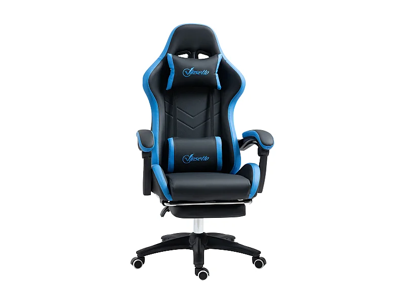 Fauteuil gaming réglable avec coussins lombaire et appui-tête, accoudoirs ajustables, mousse, bleu et noir (65x65x121-129cm)