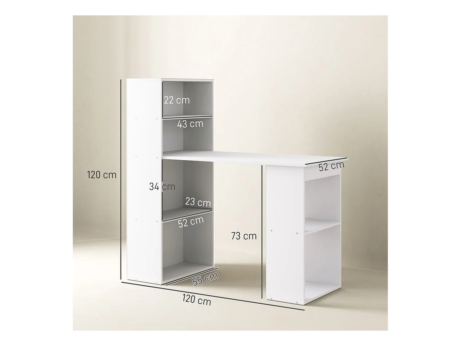 Bureau avec étagères, design moderne, contreplaqué, blanc (120x55x120cm)