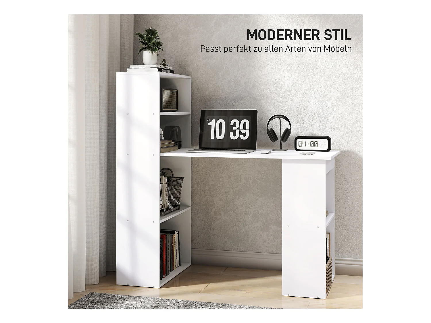 Bureau avec étagères, design moderne, contreplaqué, blanc (120x55x120cm)