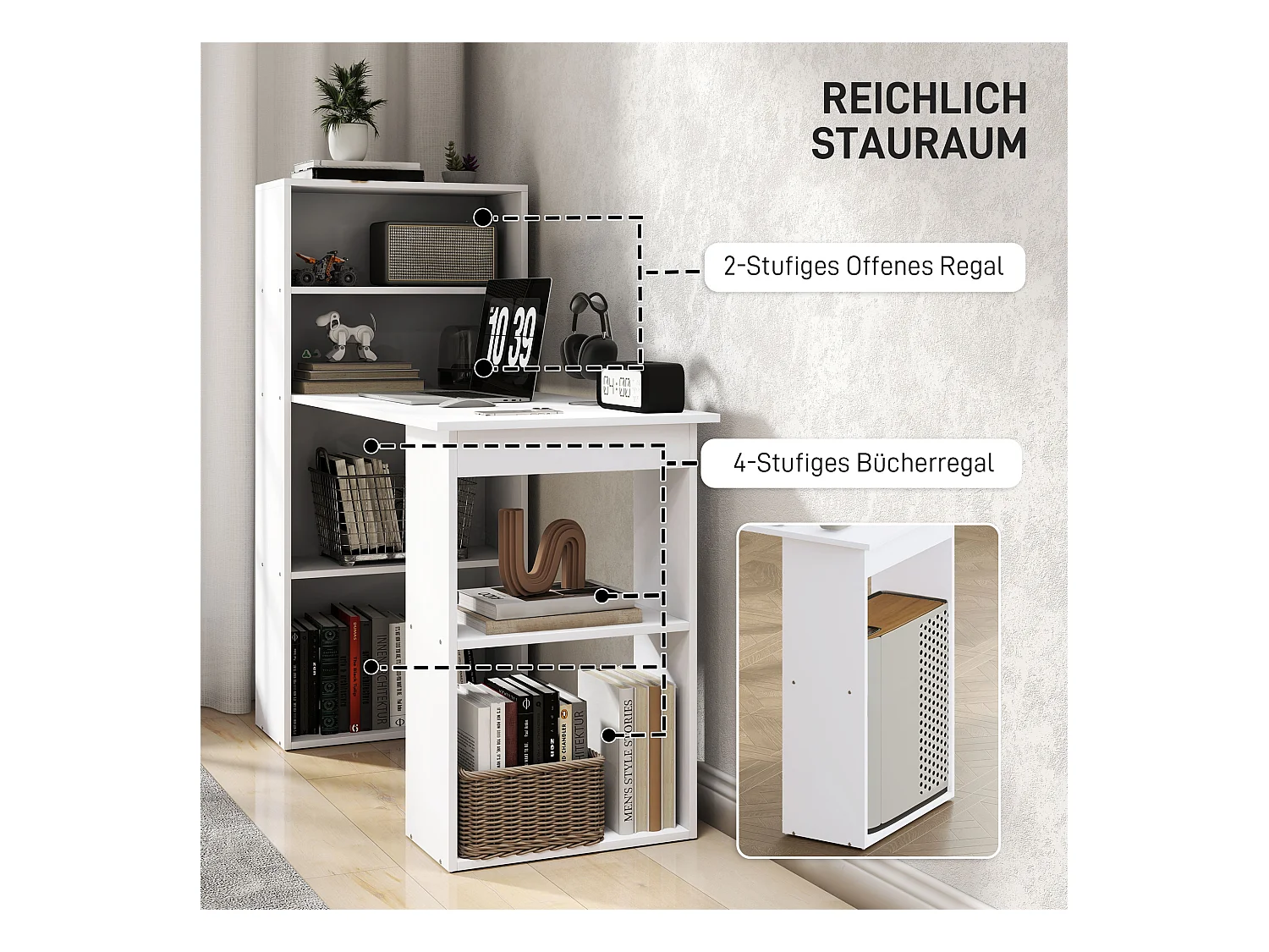 Bureau avec étagères, design moderne, contreplaqué, blanc (120x55x120cm)