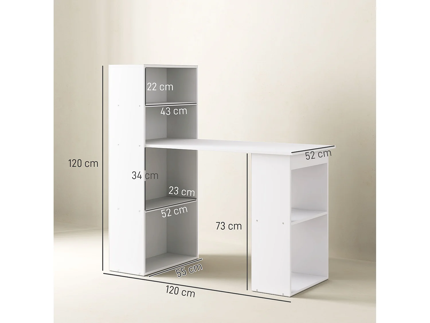 Bureau avec étagères, design moderne, contreplaqué, blanc (120x55x120cm)