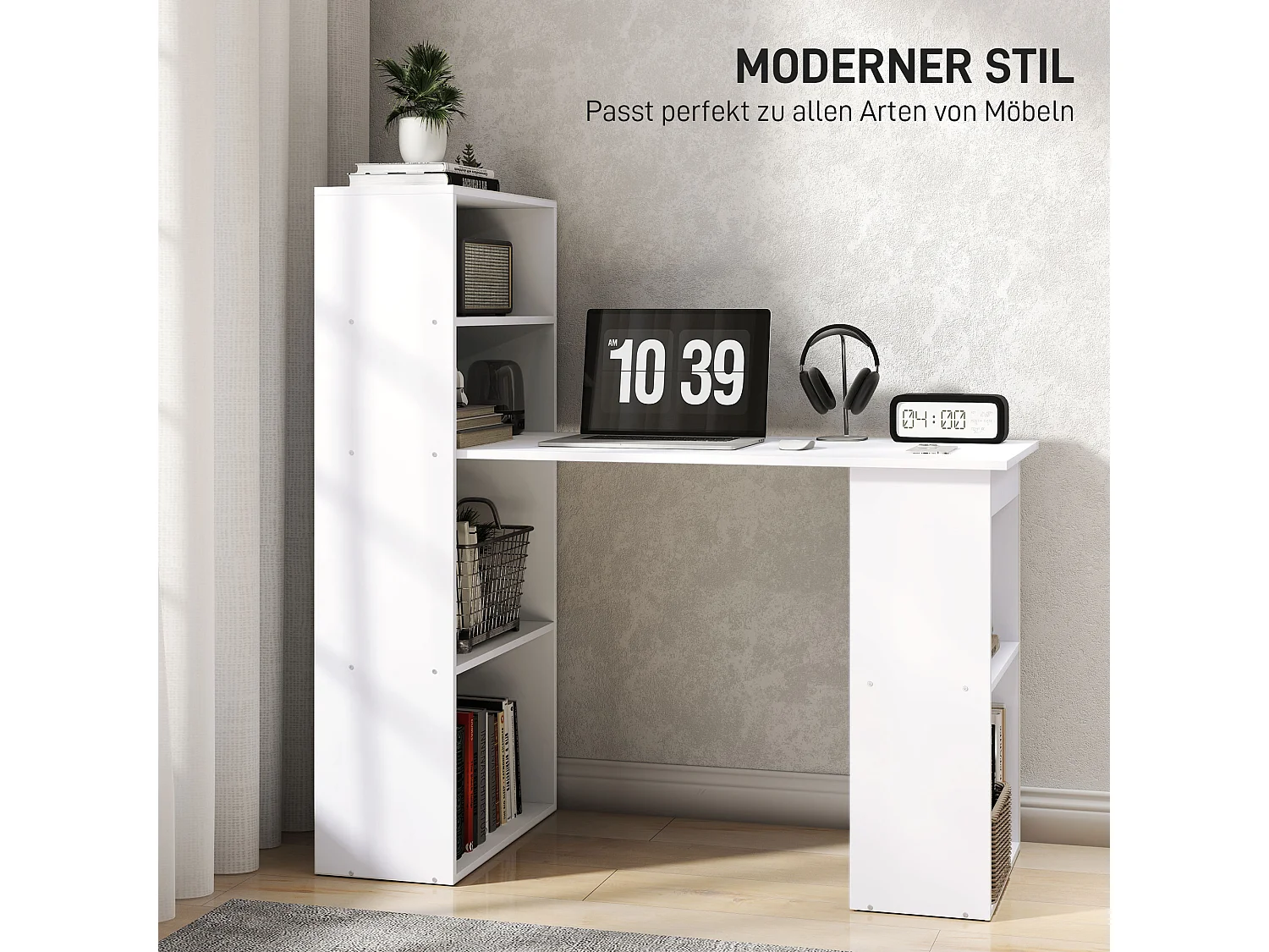 Bureau avec étagères, design moderne, contreplaqué, blanc (120x55x120cm)