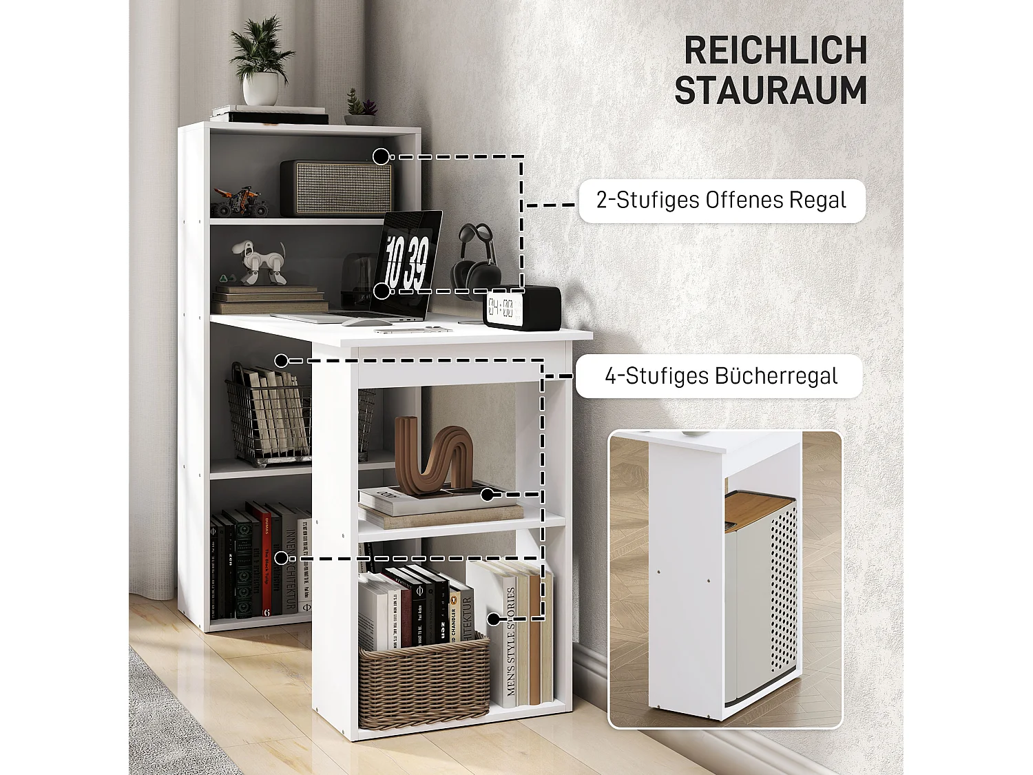 Bureau avec étagères, design moderne, contreplaqué, blanc (120x55x120cm)