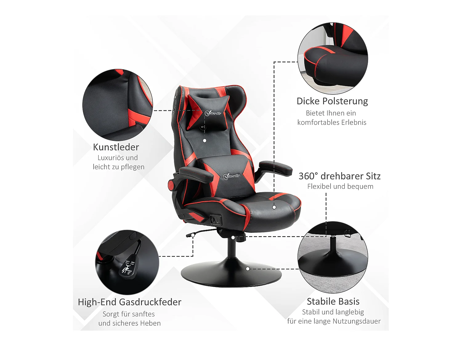 Chaise de jeu ergonomique, avec haut-parleurs, en cuir synthétique, noir, (69x73x118 cm)