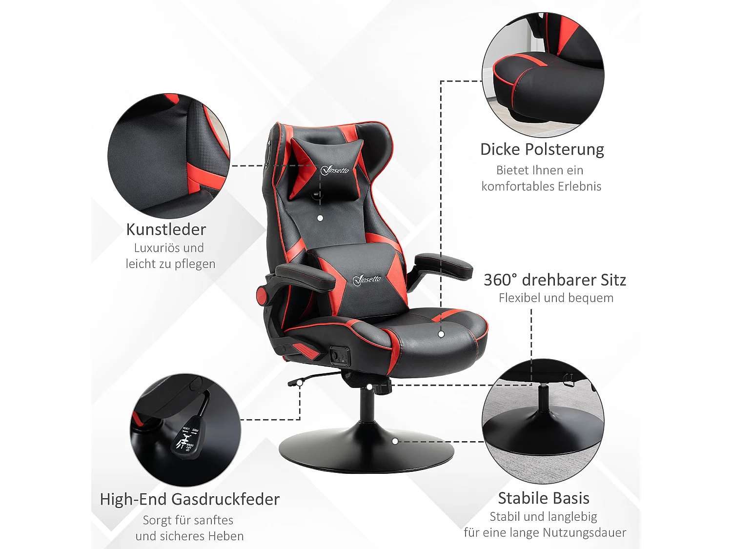 Chaise de jeu ergonomique, avec haut-parleurs, en cuir synthétique, noir, (69x73x118 cm)