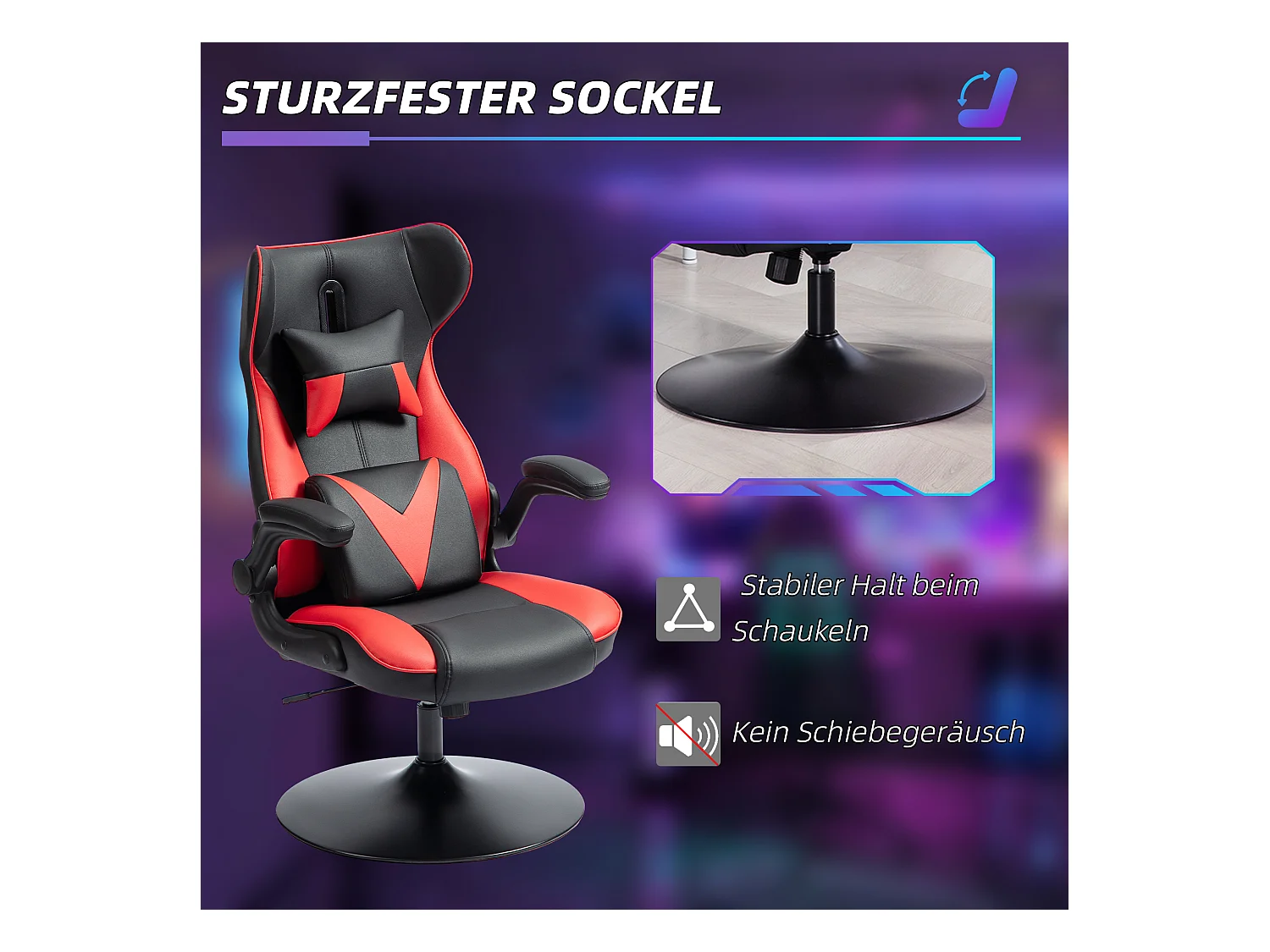 Chaise gaming avec fonction bascule, ergonomique, ajustable, plastique, noir+rouge (67x71x112 cm)