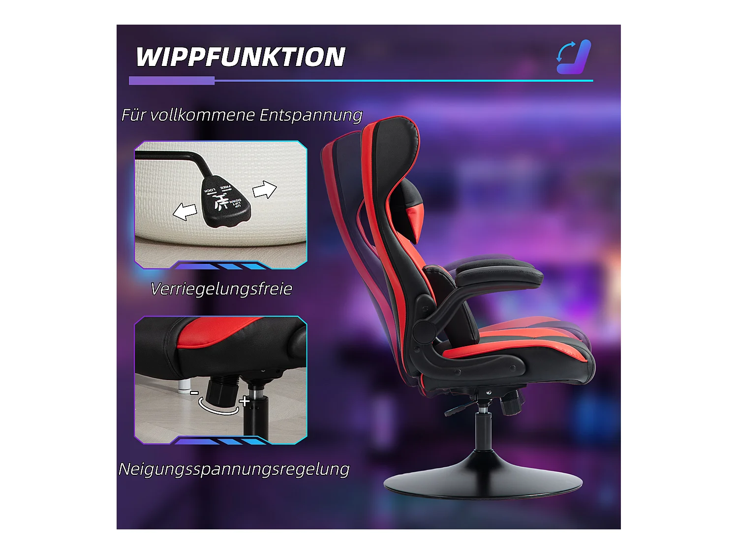 Chaise gaming avec fonction bascule, ergonomique, ajustable, plastique, noir+rouge (67x71x112 cm)