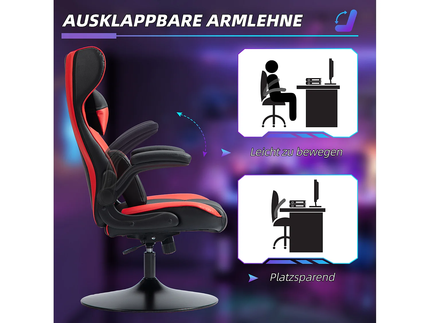 Chaise gaming avec fonction bascule, ergonomique, ajustable, plastique, noir+rouge (67x71x112 cm)