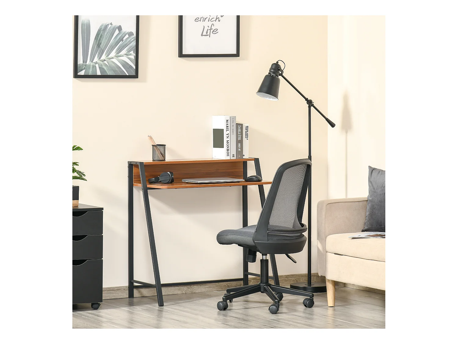 Computerbureau met opbergruimte en kabelmanagement, metaal, notenhout (84x45x85 cm)