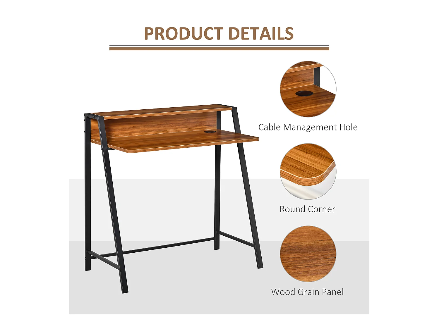 Computerbureau met opbergruimte en kabelmanagement, metaal, notenhout (84x45x85 cm)