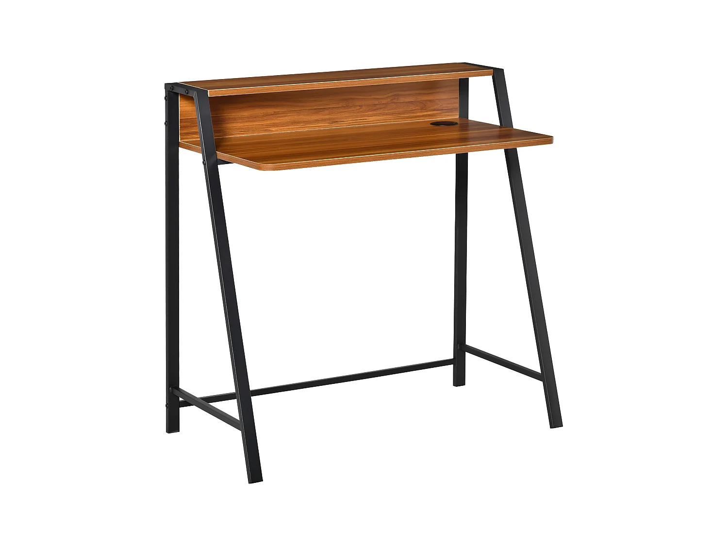 Bureau informatique avec espace de rangement et passe-câble, métal, noyer (84x45x85 cm)
