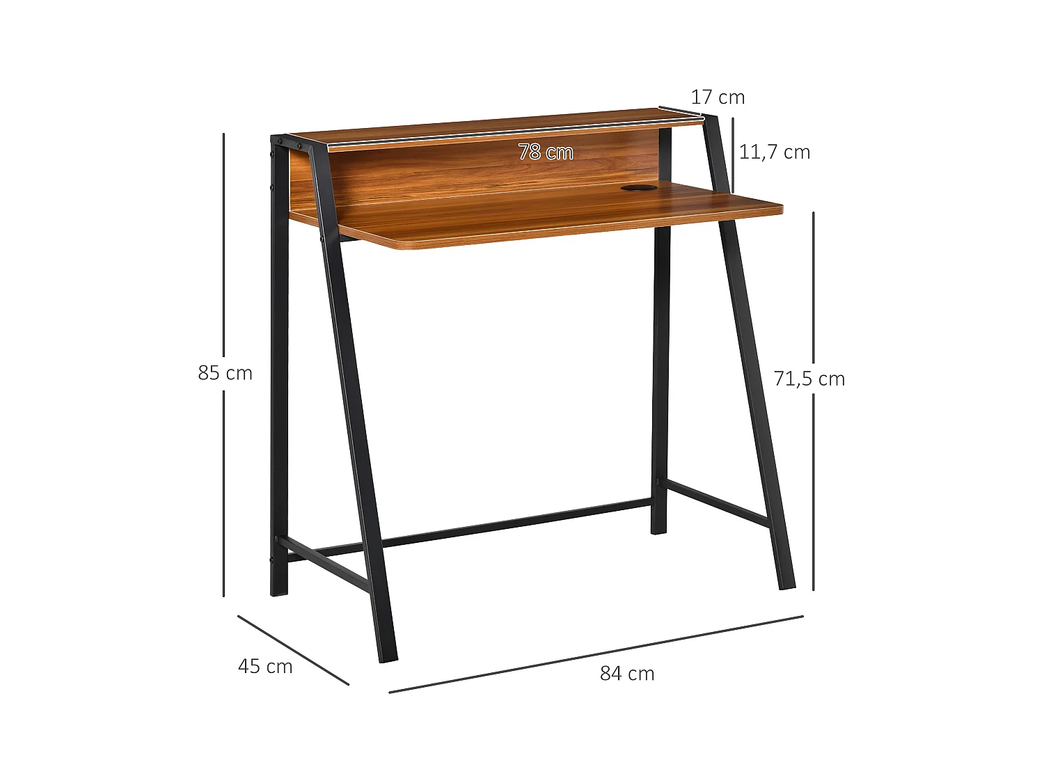 Bureau informatique avec espace de rangement et passe-câble, métal, noyer (84x45x85 cm)