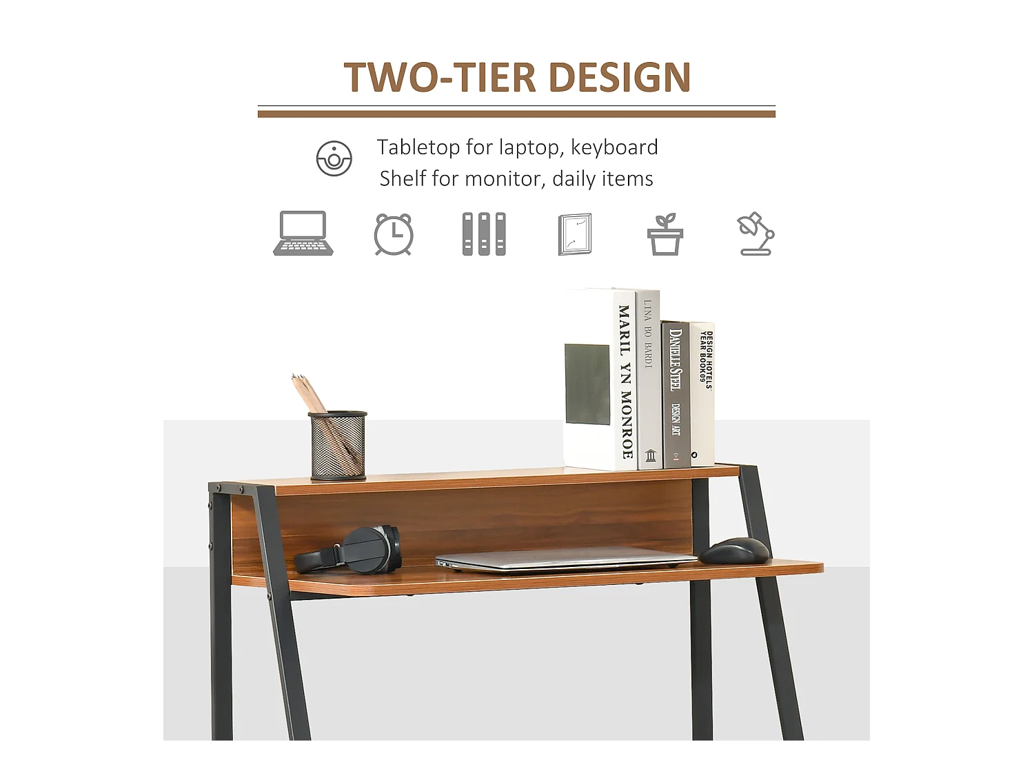 Bureau informatique avec espace de rangement et passe-câble, métal, noyer (84x45x85 cm)