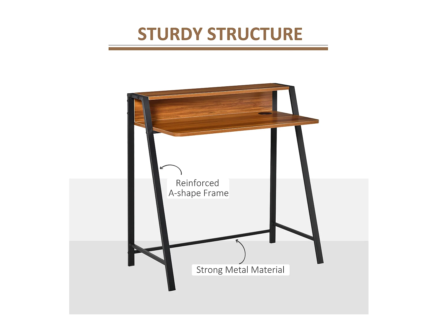 Bureau informatique avec espace de rangement et passe-câble, métal, noyer (84x45x85 cm)