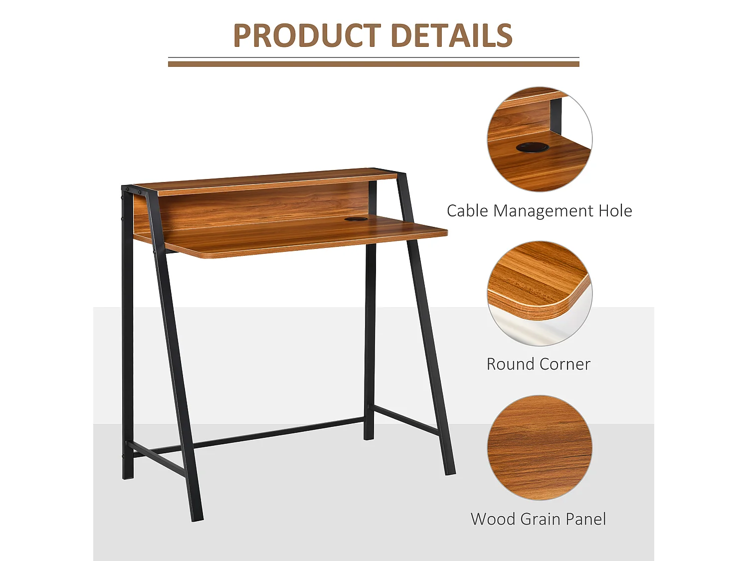 Bureau informatique avec espace de rangement et passe-câble, métal, noyer (84x45x85 cm)