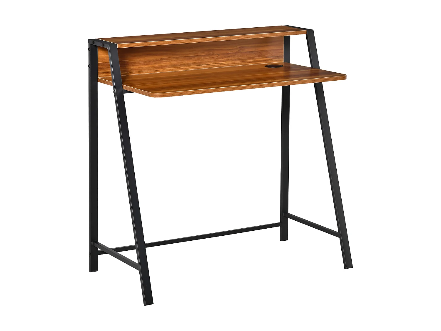 Bureau informatique avec espace de rangement et passe-câble, métal, noyer (84x45x85 cm)