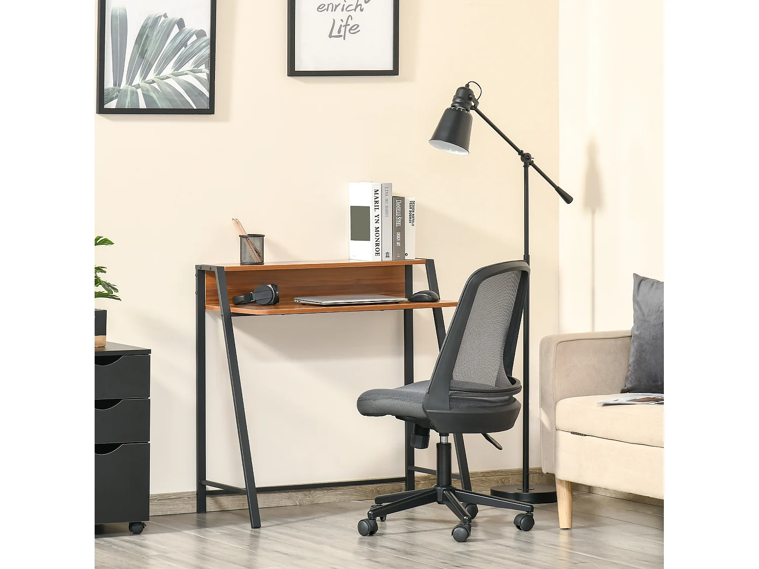 Bureau informatique avec espace de rangement et passe-câble, métal, noyer (84x45x85 cm)