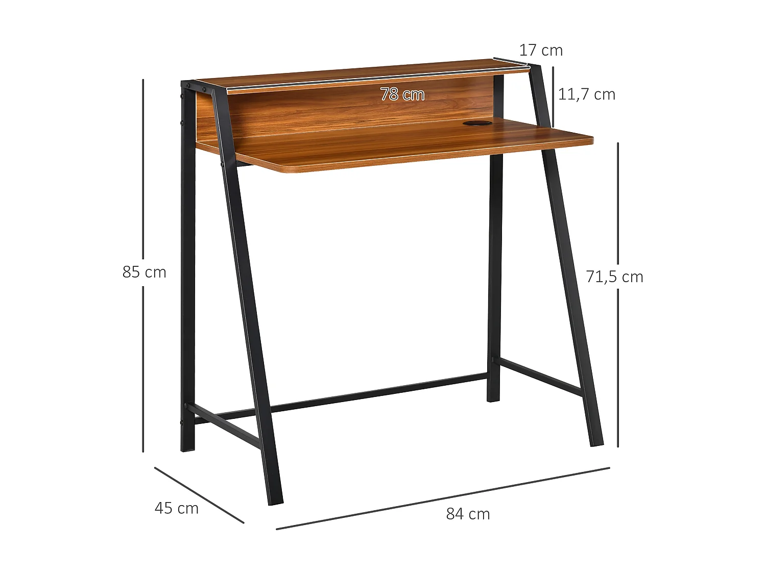 Bureau informatique avec espace de rangement et passe-câble, métal, noyer (84x45x85 cm)