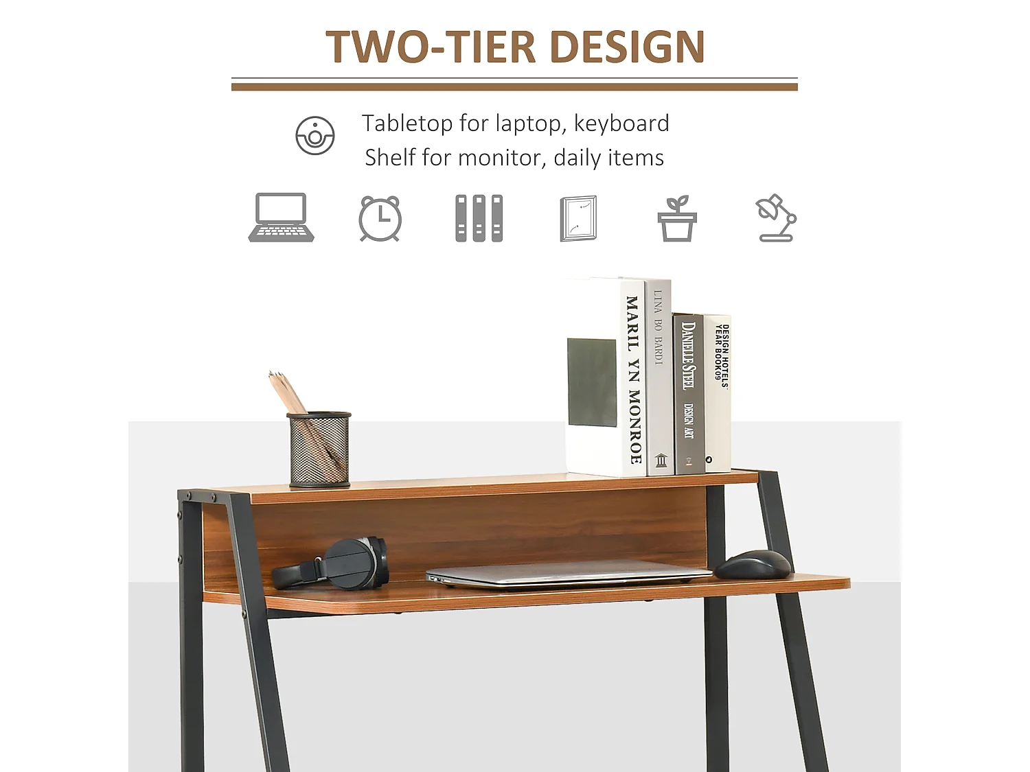 Bureau informatique avec espace de rangement et passe-câble, métal, noyer (84x45x85 cm)