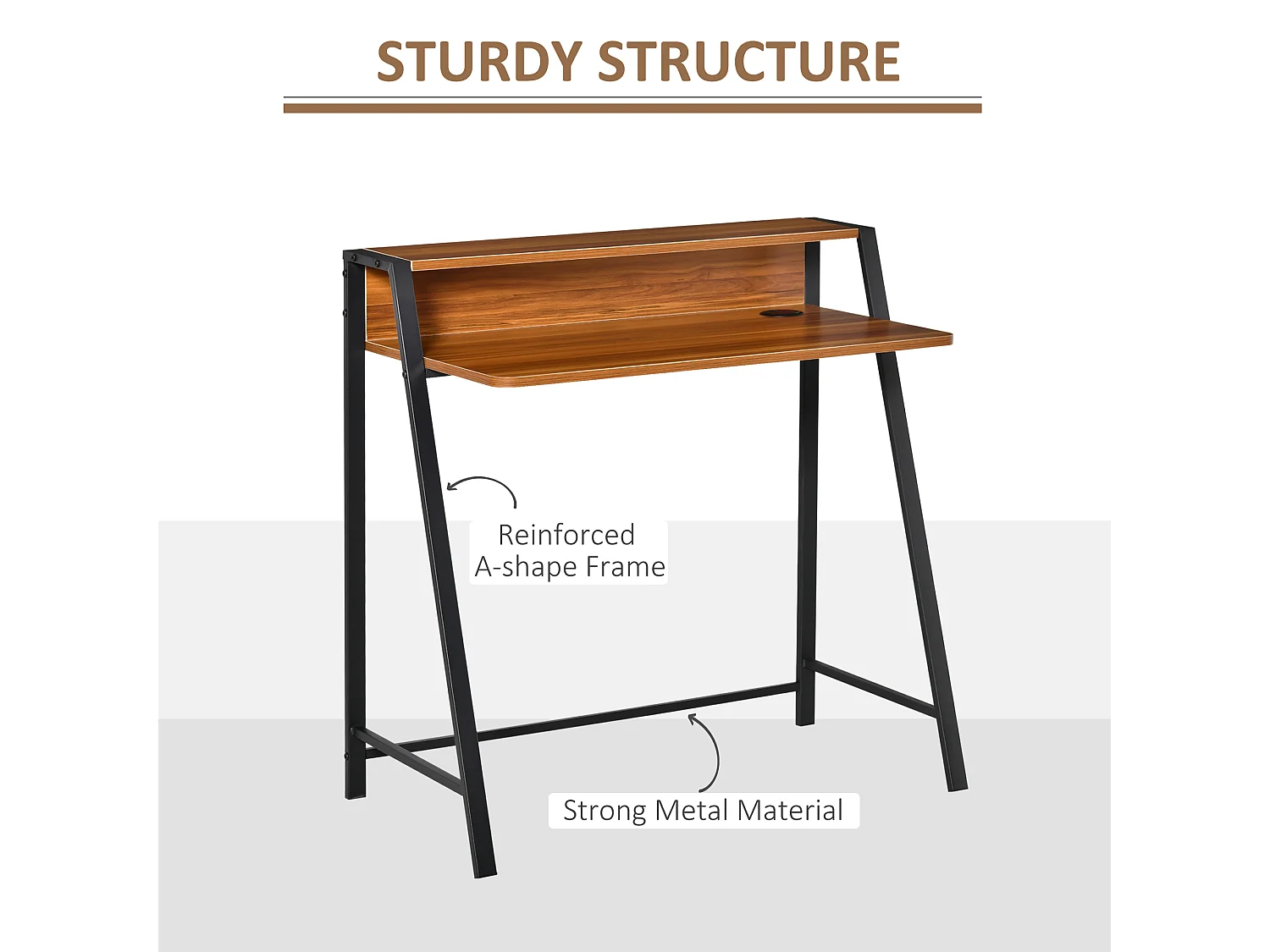 Bureau informatique avec espace de rangement et passe-câble, métal, noyer (84x45x85 cm)