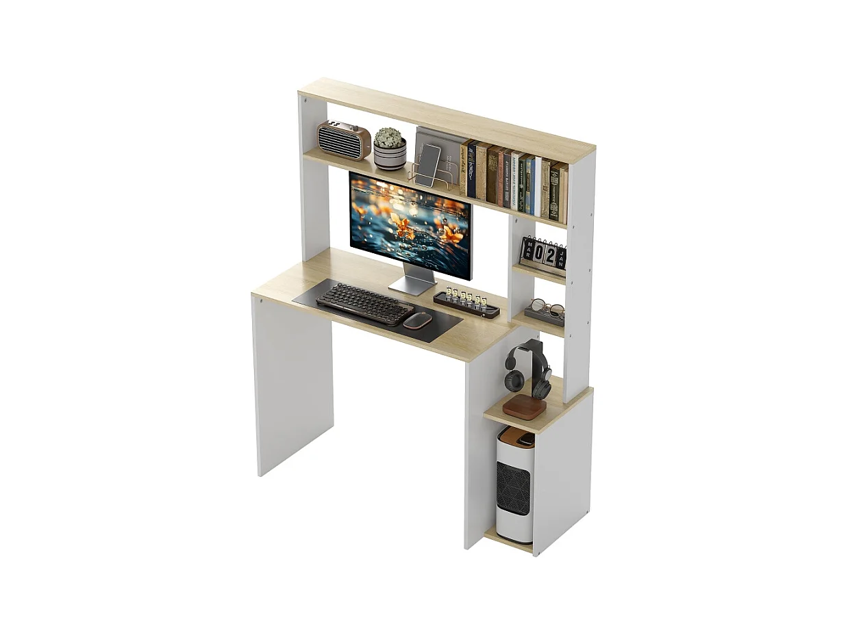 Bureau met open planken, CPU-standaard, metalen frame, hout, eiken (113x45x138,5 cm)