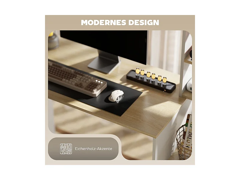 Bureau met open planken, CPU-standaard, metalen frame, hout, eiken (113x45x138,5 cm)