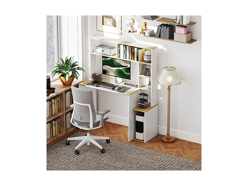 Bureau met open planken, CPU-standaard, metalen frame, hout, eiken (113x45x138,5 cm)