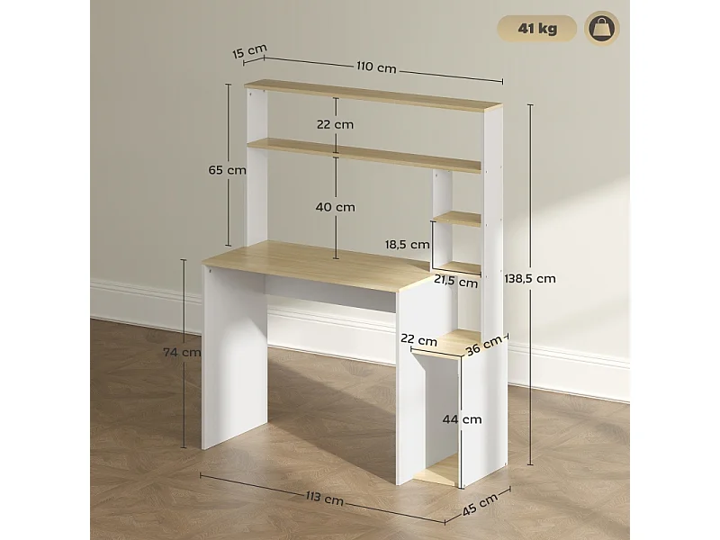 Bureau avec étagères ouvertes, support CPU, cadre en métal, bois, chêne (113x45x138.5 cm)