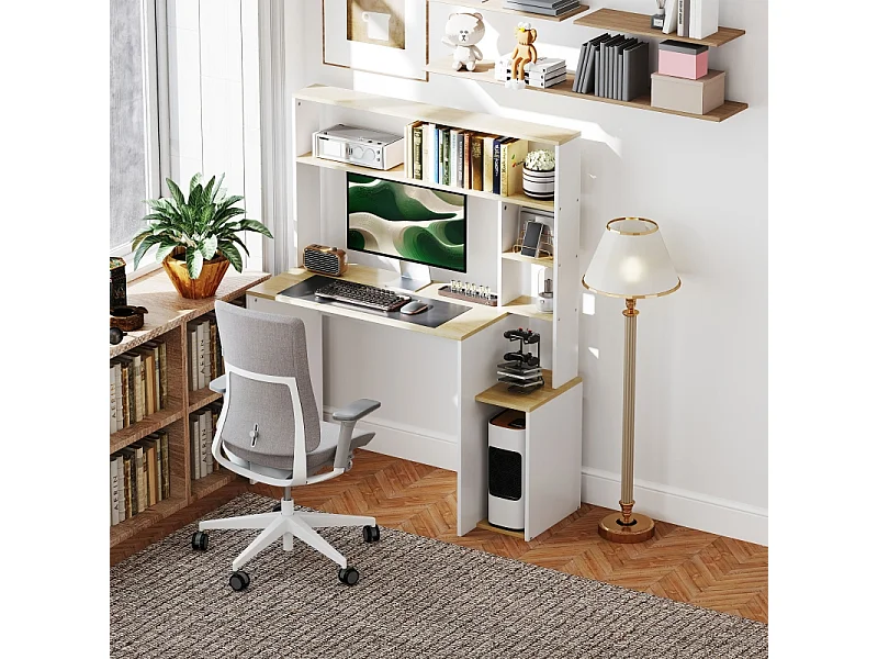 Bureau avec étagères ouvertes, support CPU, cadre en métal, bois, chêne (113x45x138.5 cm)