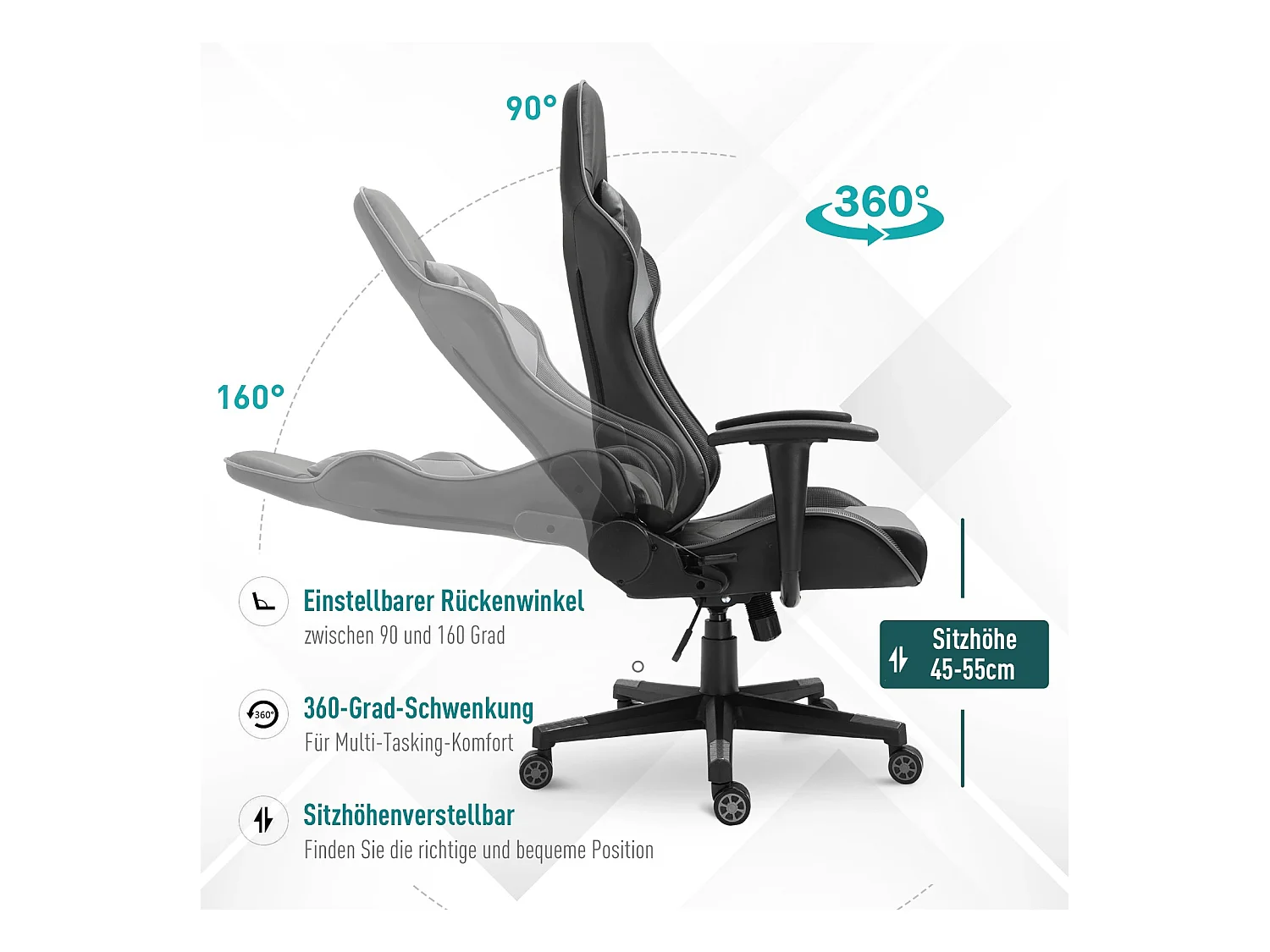 Fauteuil de bureau ergonomique en cuir synthétique, dossier inclinable à 160°, noir (67.5x74x126-136cm)