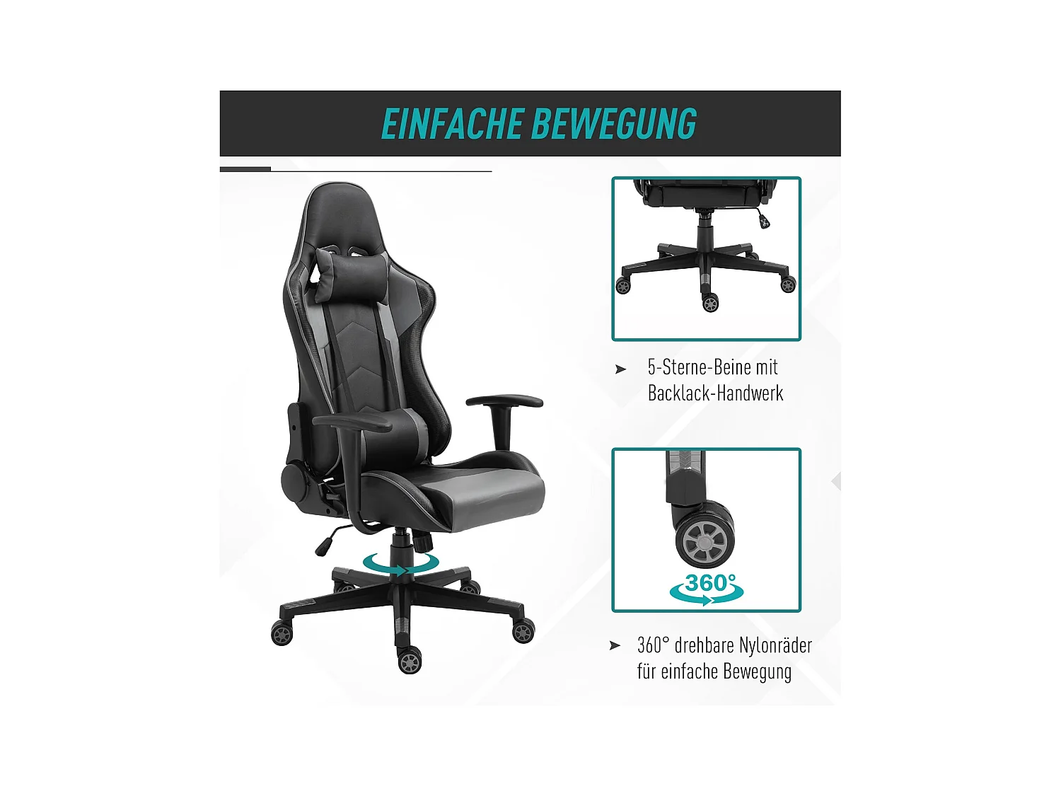 Fauteuil de bureau ergonomique en cuir synthétique, dossier inclinable à 160°, noir (67.5x74x126-136cm)